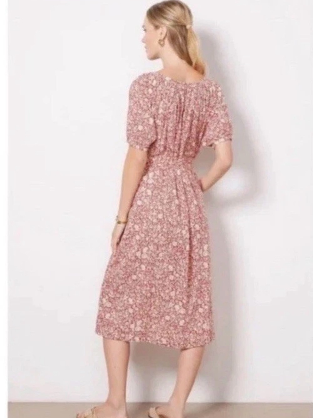 Faherty Carmel Red Cream Floral Belted Shirt Midi Dress Organic Cotton Size L - Picture 2 of 16